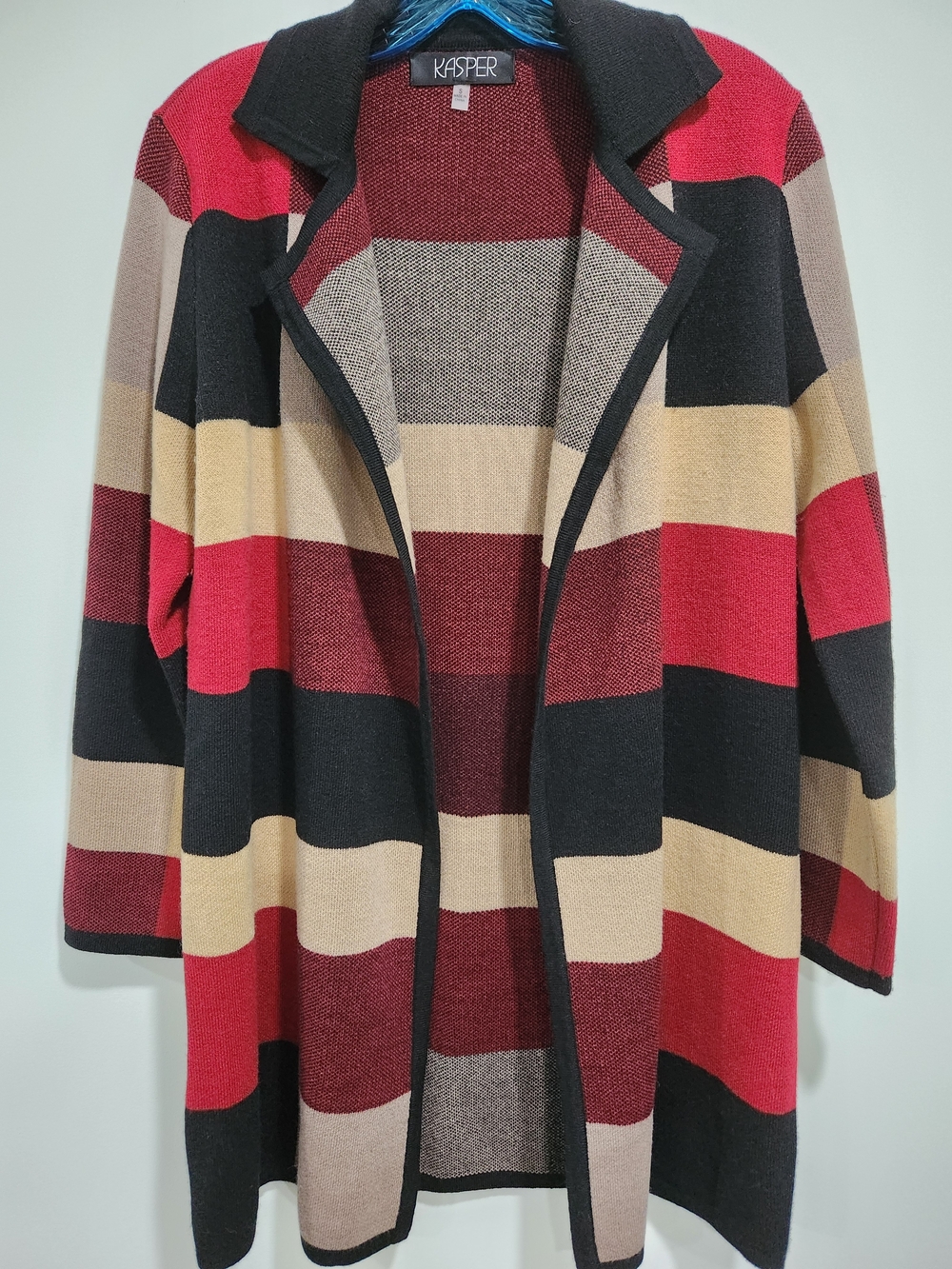 Kasper Striped Open-Front Cardigan in Red, Black, Cream and Tan